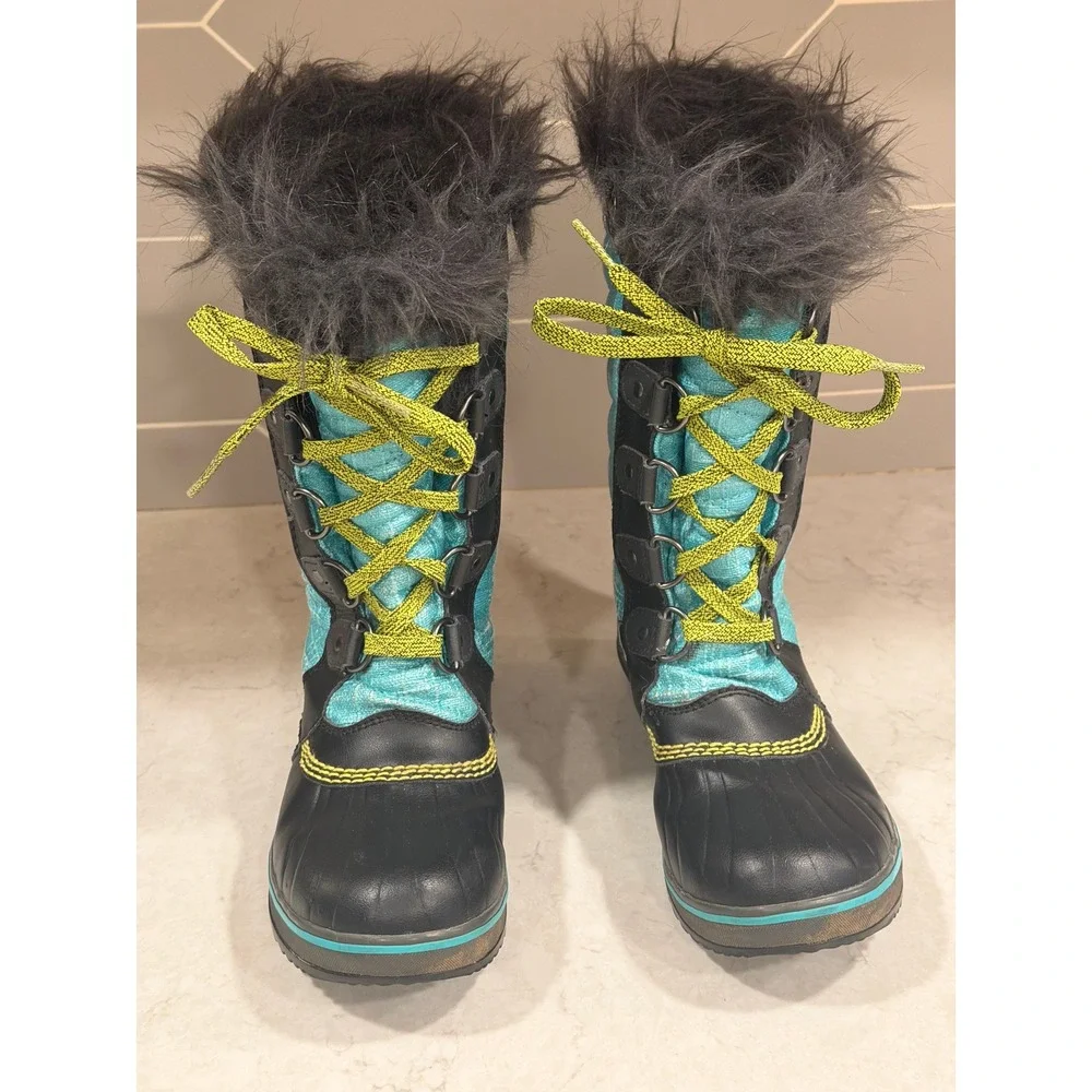 Sorel Tofino II Kids Waterproof Winter Boots Teal Black Faux Fur Size 2